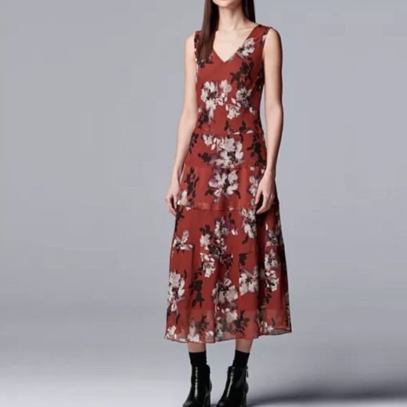 Simply Vera Vera Wang Sleeveless Tiered Rust V Neck Floral Midi Dress- NEW - Picture 1 of 9